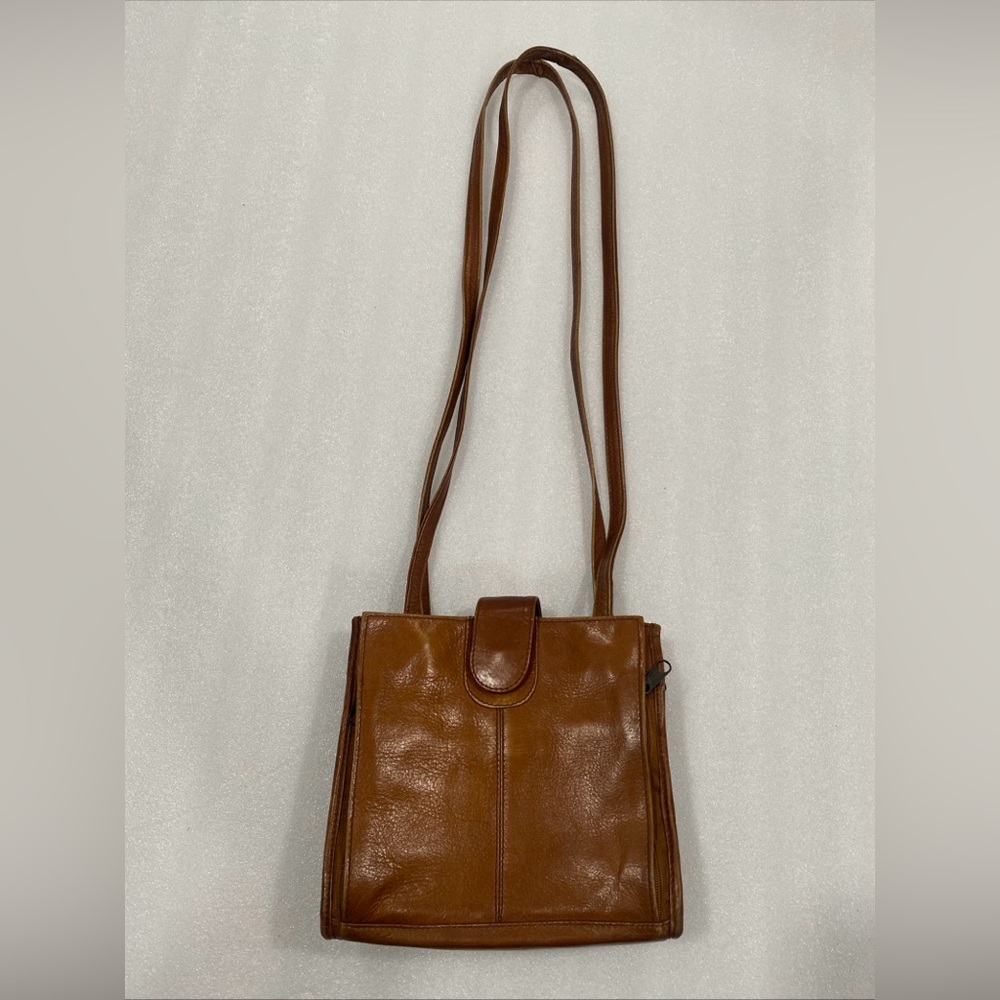 Vintage Cognac Leather Handbag Made In Columbia Doubled Shoulder Straps EUC